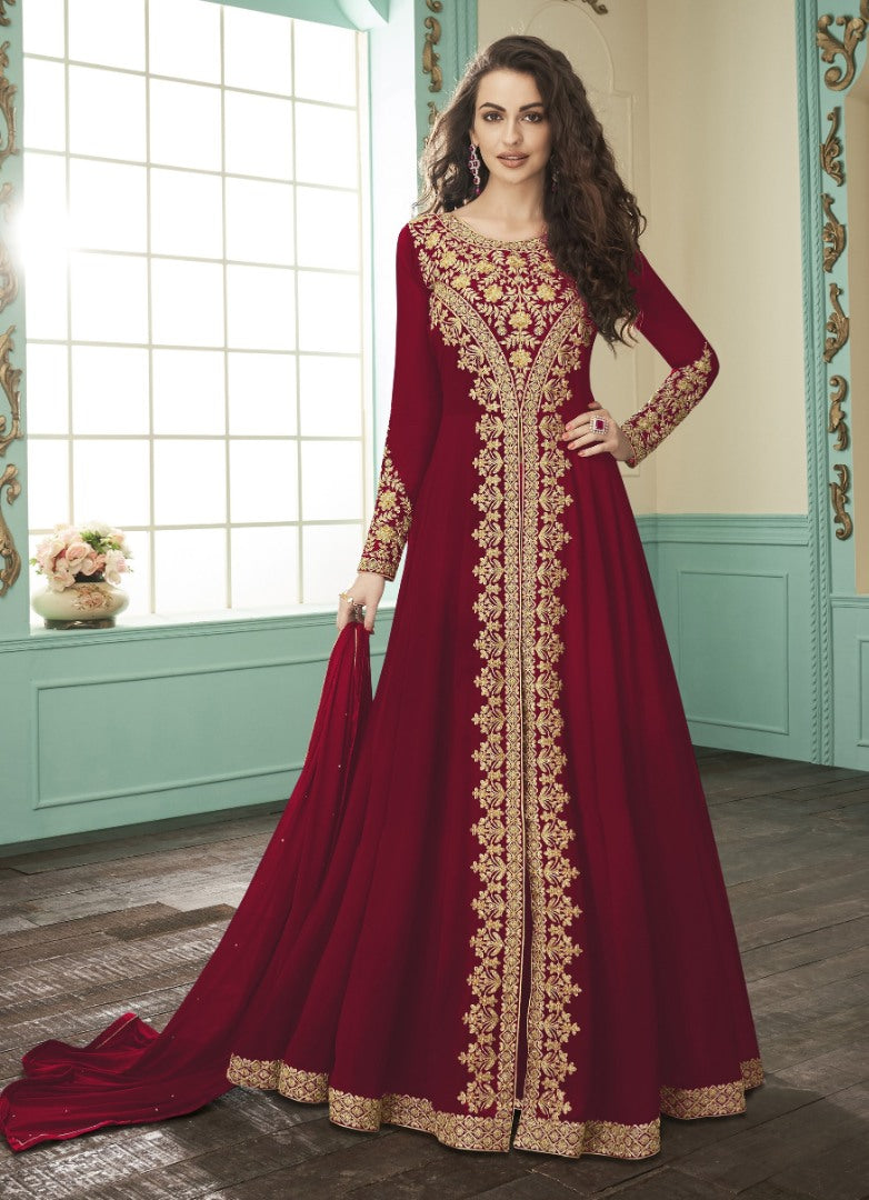 Maroon heavy faux georgette embroidery stylist wedding gown