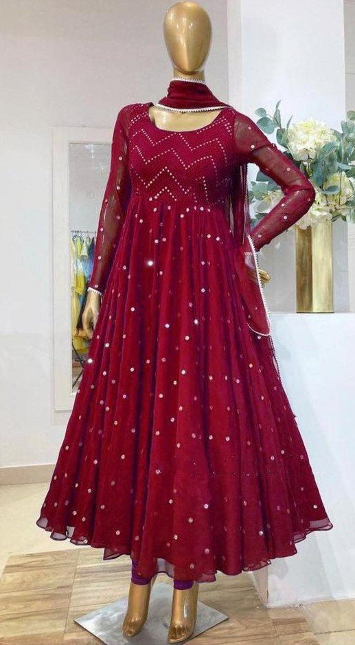 Maroon heavy georgette fully embroidered work occasional wear gown