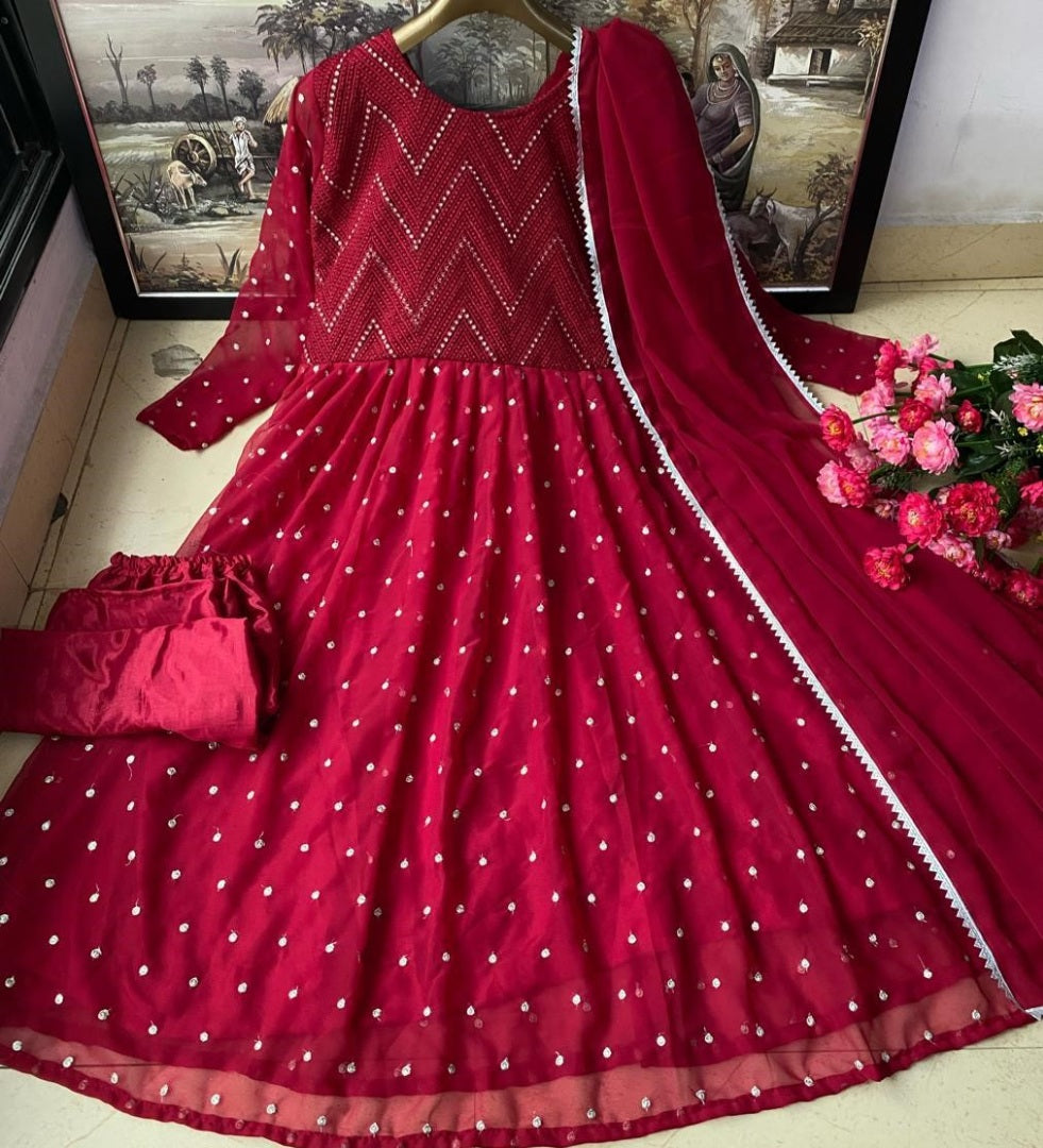 Maroon heavy georgette fully embroidered work occasional wear gown