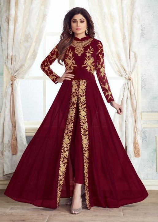 Maroon heavy georgette multi work embroidery wedding long salwar suit