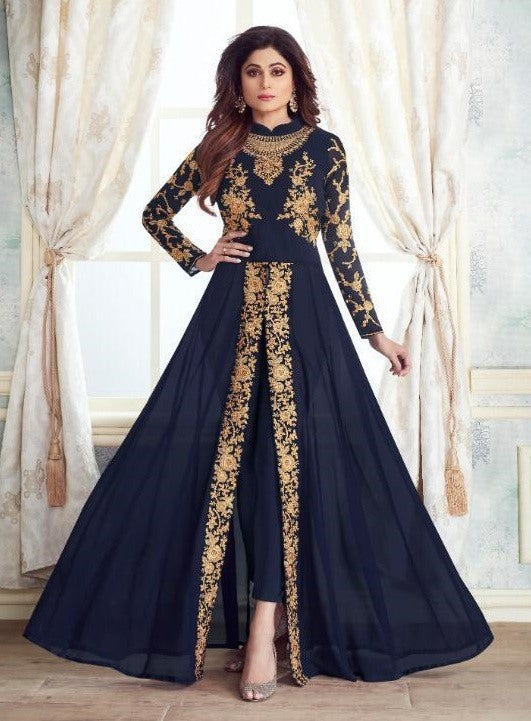 Maroon heavy georgette multi work embroidery wedding long salwar suit