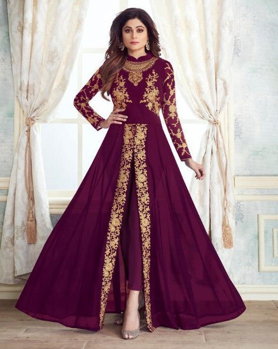 Maroon heavy georgette multi work embroidery wedding long salwar suit