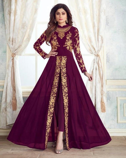 Maroon heavy georgette multi work embroidery wedding long salwar suit