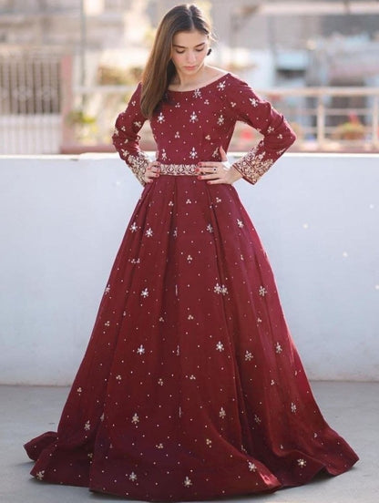 Maroon heavy malai crepe embroidery work gown