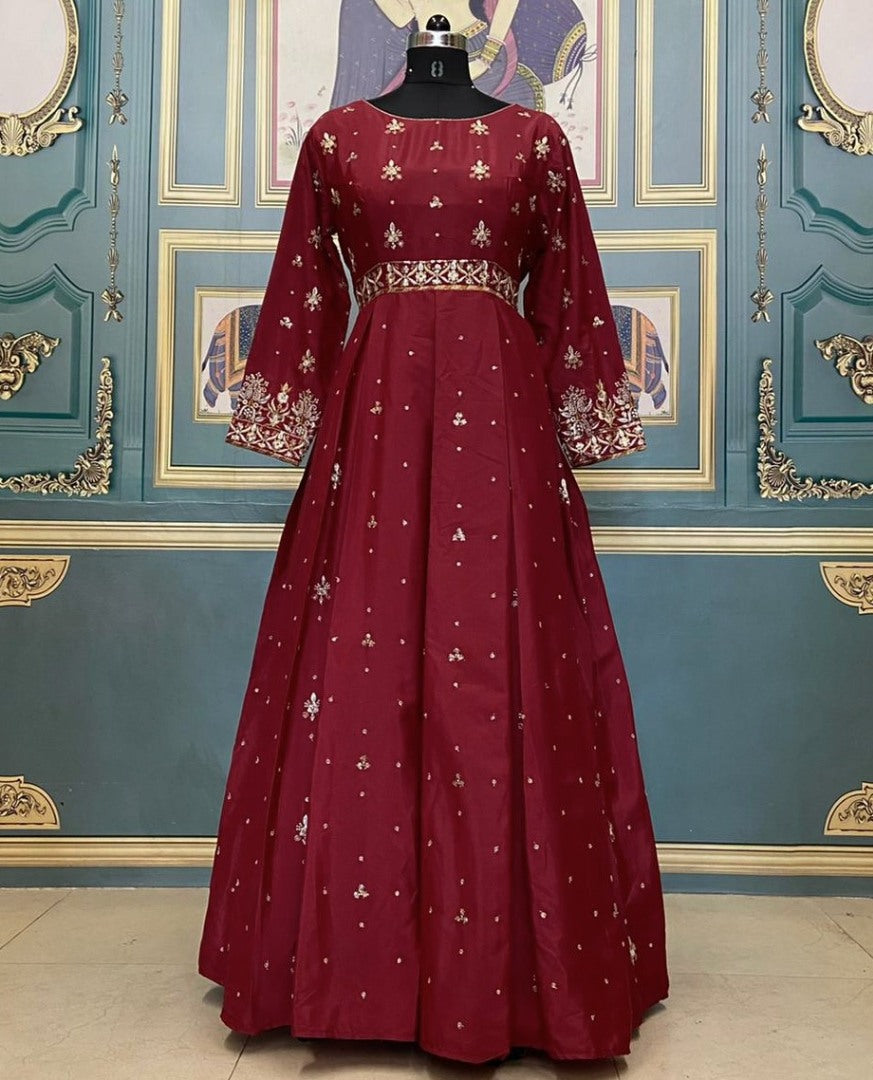 Maroon heavy malai crepe embroidery work gown