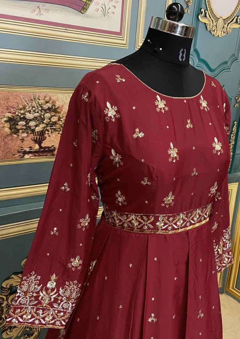 Maroon heavy malai crepe embroidery work gown