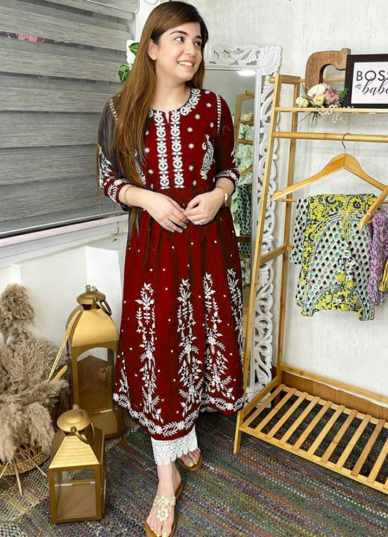 Maroon heavy rayon embroidered work anarkali dress