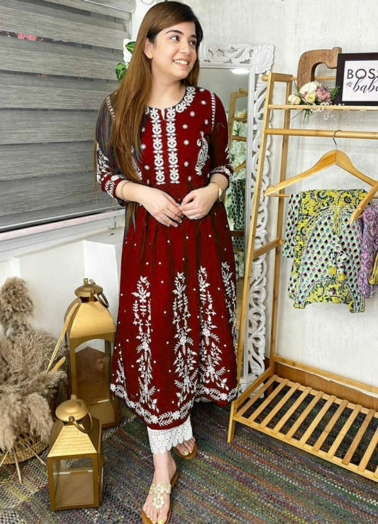 Maroon heavy rayon embroidered work anarkali dress