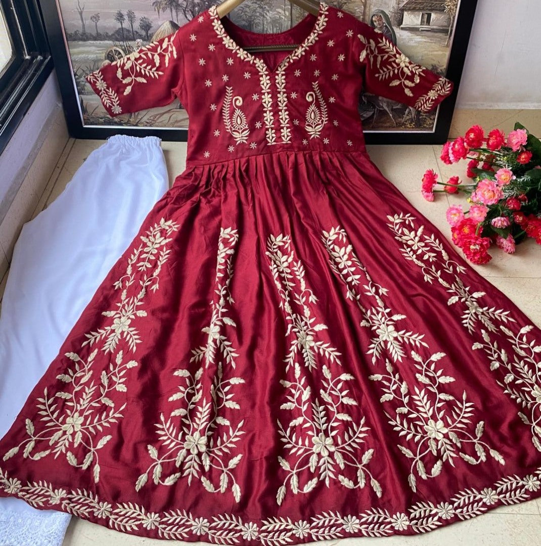 Maroon heavy rayon embroidered work anarkali dress