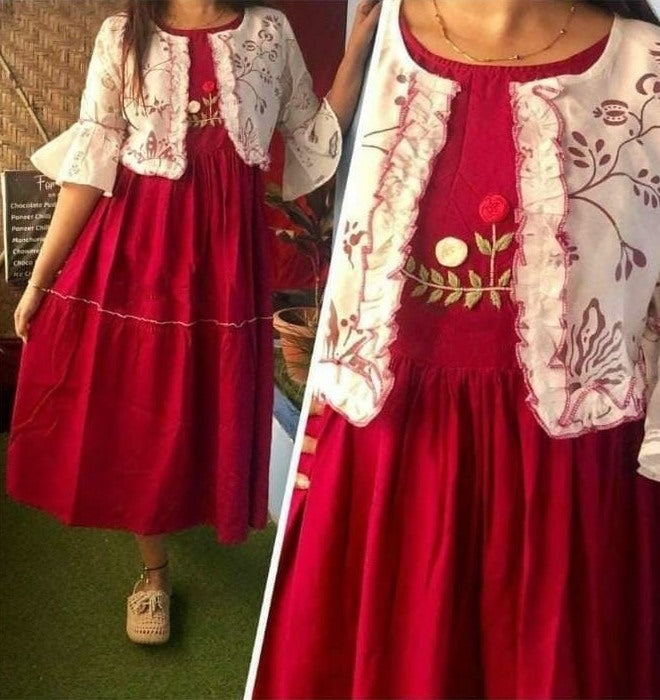 Maroon heavy rayon hand embroidery work kurti with jacket