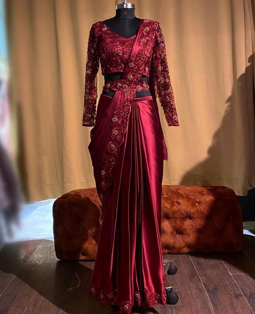 Maroon heavy satin silk embroidered partywear saree