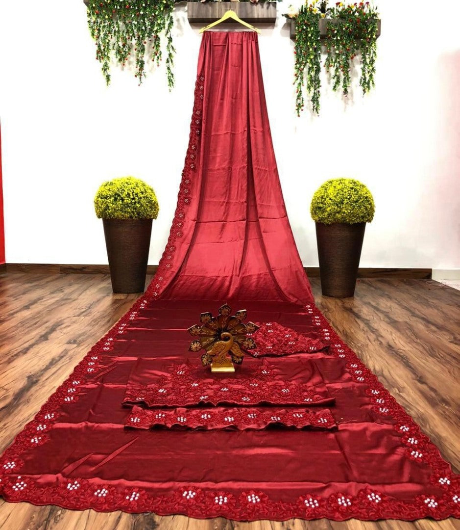 Maroon heavy satin silk embroidered partywear saree