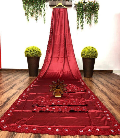Maroon heavy satin silk embroidered partywear saree