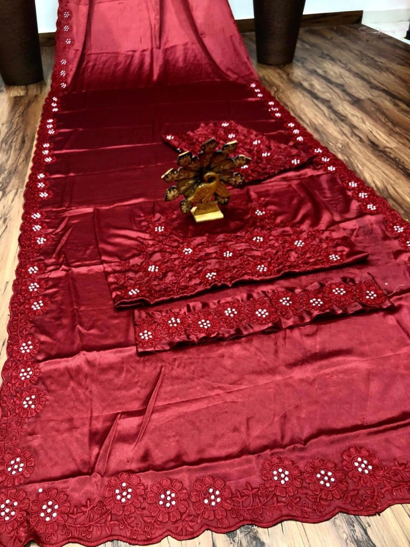 Maroon heavy satin silk embroidered partywear saree