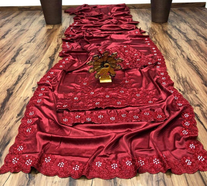 Maroon heavy satin silk embroidered partywear saree