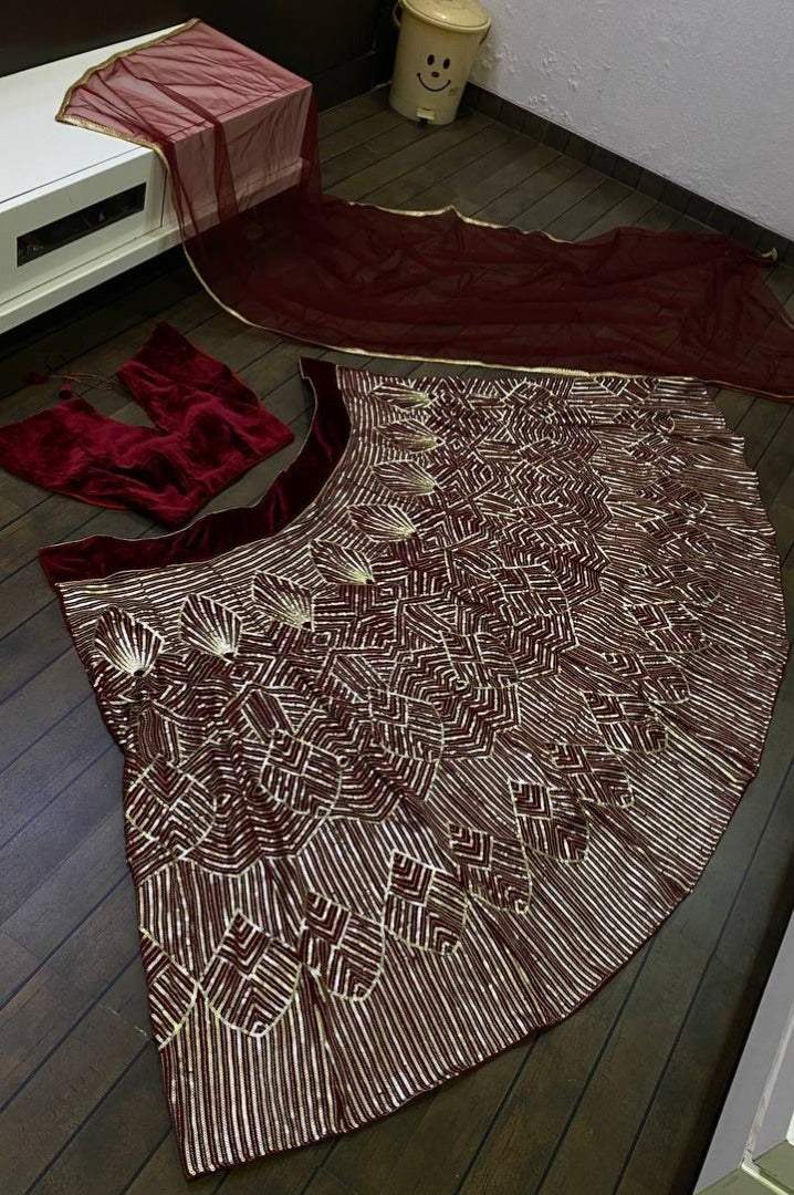 Maroon heavy sequence embroidered designer party wear lehenga choli
