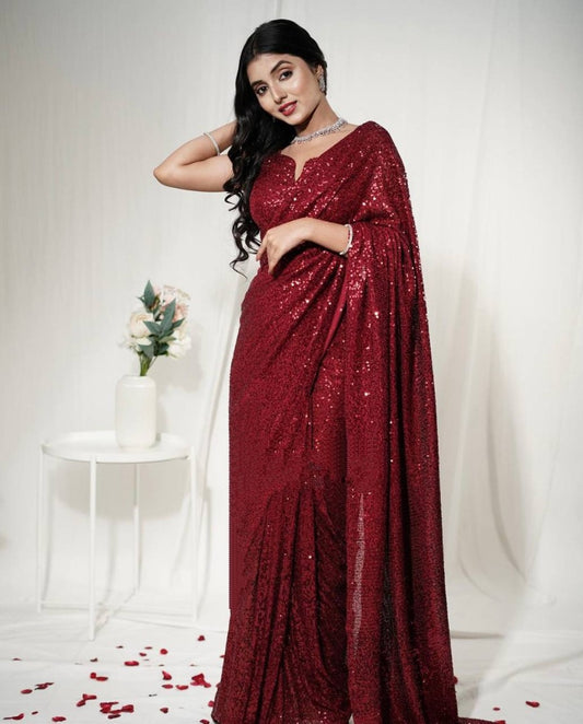 Maroon heavy sequence work party wear saree