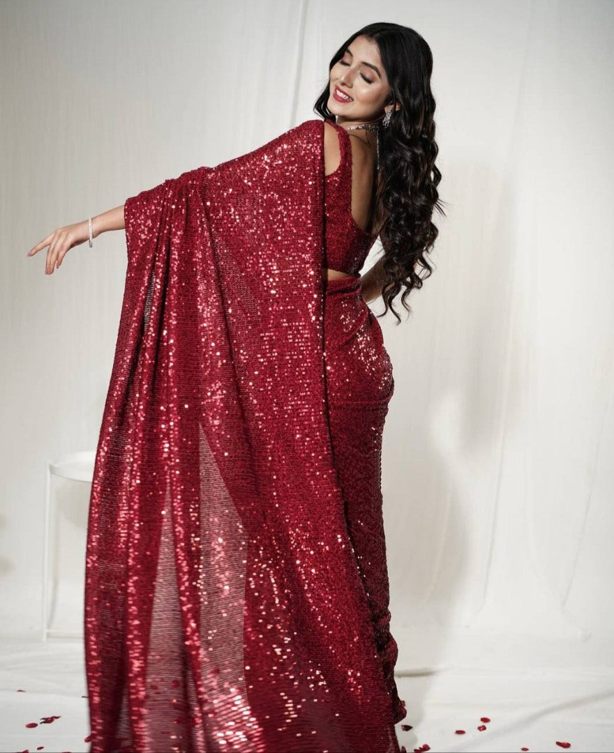 Maroon heavy sequence work party wear saree