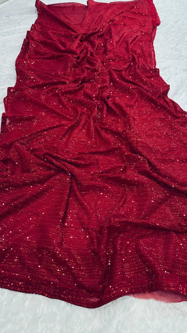 Maroon heavy sequence work party wear saree