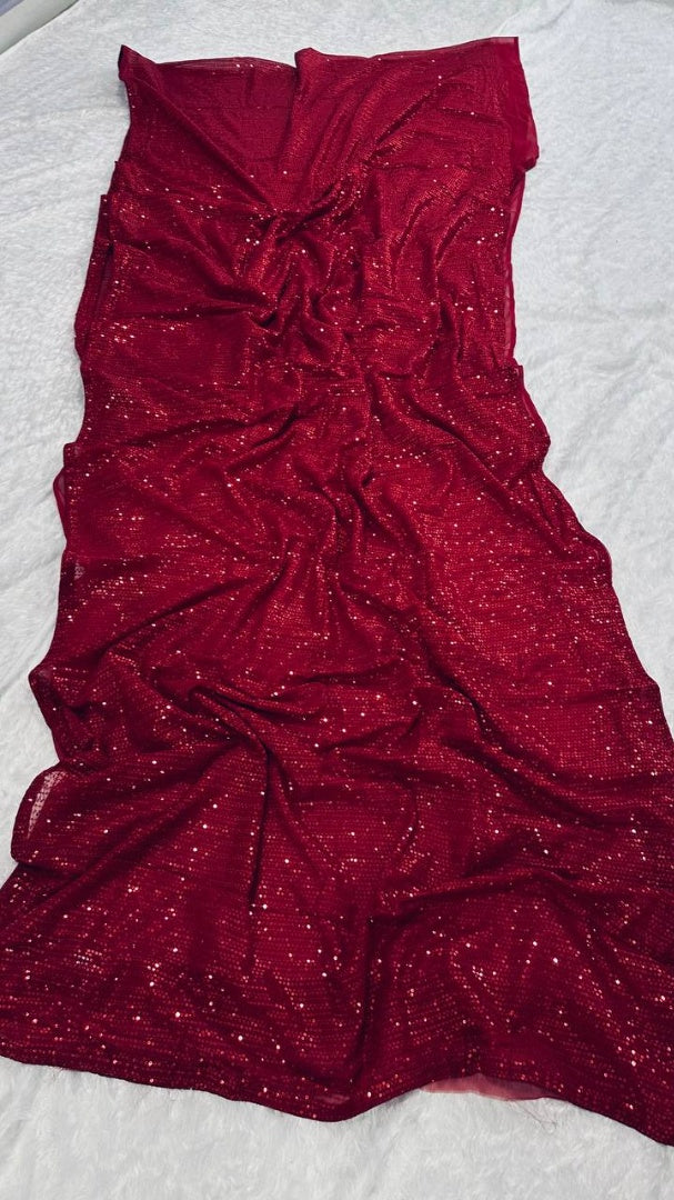 Maroon heavy sequence work party wear saree