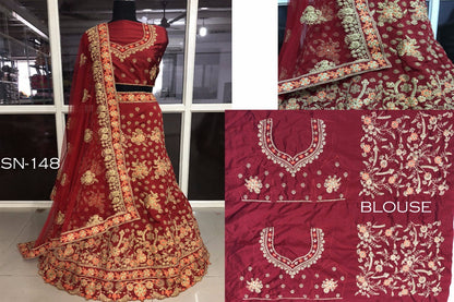 maroon heavy tapeta silk heavy embroidered bridal wedding lehenga