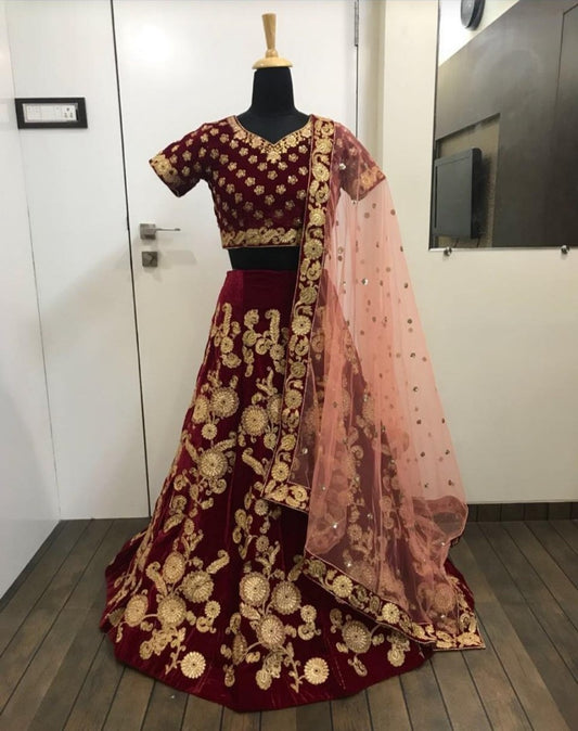 maroon heavy velvet designer embroidered wedding bridal lehenga