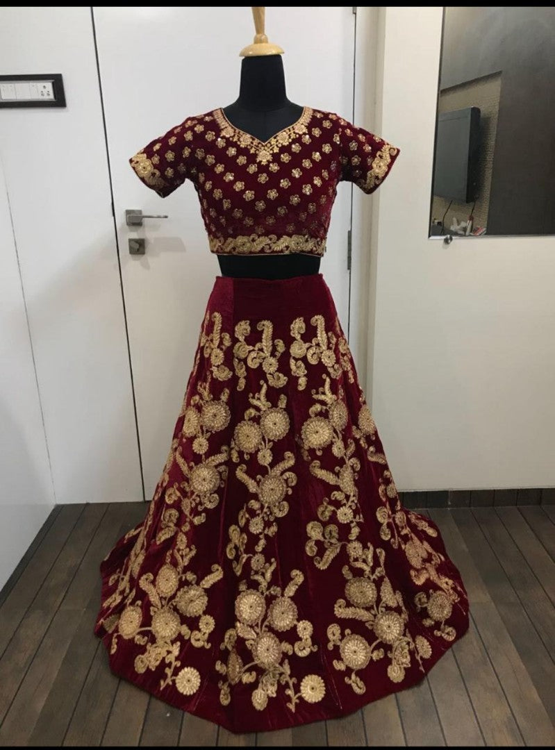 maroon heavy velvet designer embroidered wedding bridal lehenga
