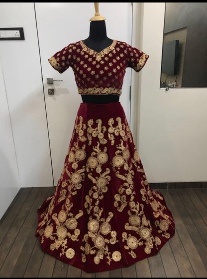maroon heavy velvet designer embroidered wedding bridal lehenga