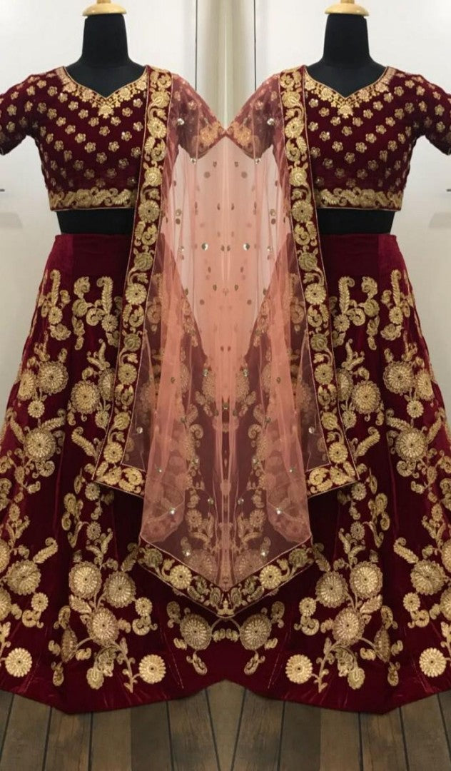 maroon heavy velvet designer embroidered wedding bridal lehenga