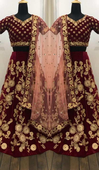maroon heavy velvet designer embroidered wedding bridal lehenga