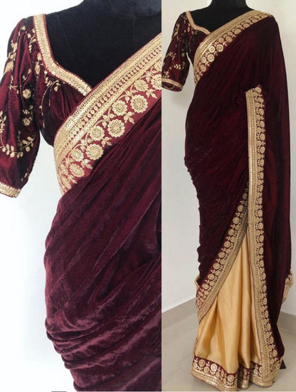 Maroon heavy velvet embroidered wedding saree