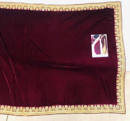 Maroon heavy velvet embroidered wedding saree