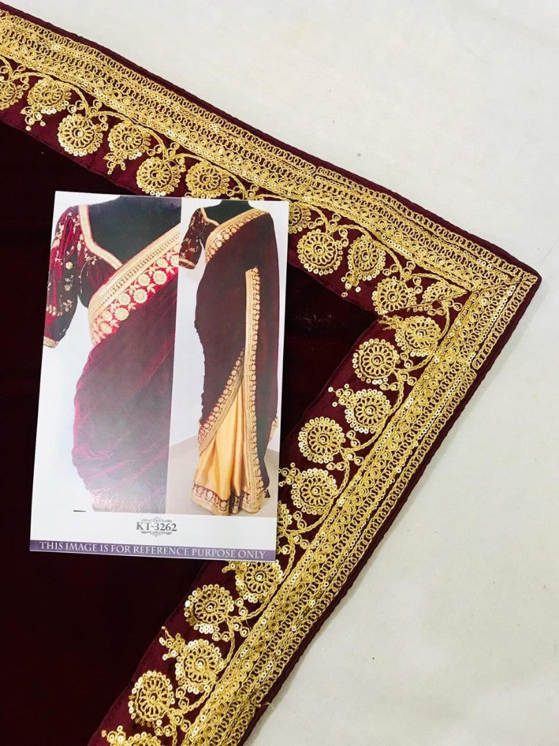 Maroon heavy velvet embroidered wedding saree