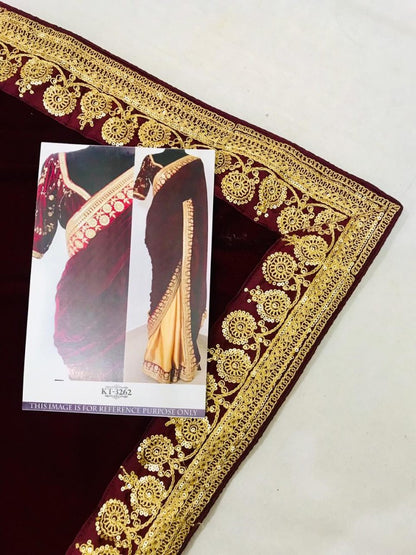 Maroon heavy velvet embroidered wedding saree
