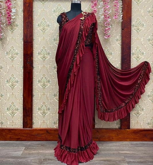 Maroon imported fabric embroidered sequence work saree
