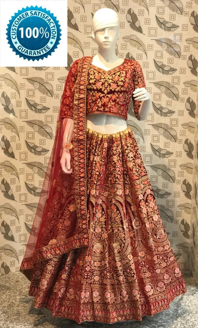 Maroon indian velvet heavy embroidered bridal lehenga