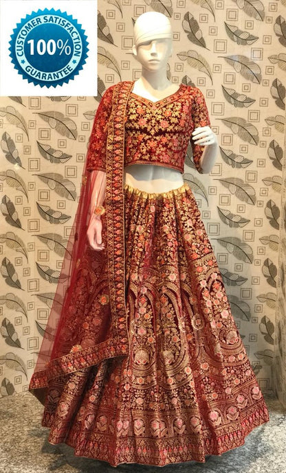 Maroon indian velvet heavy embroidered bridal lehenga