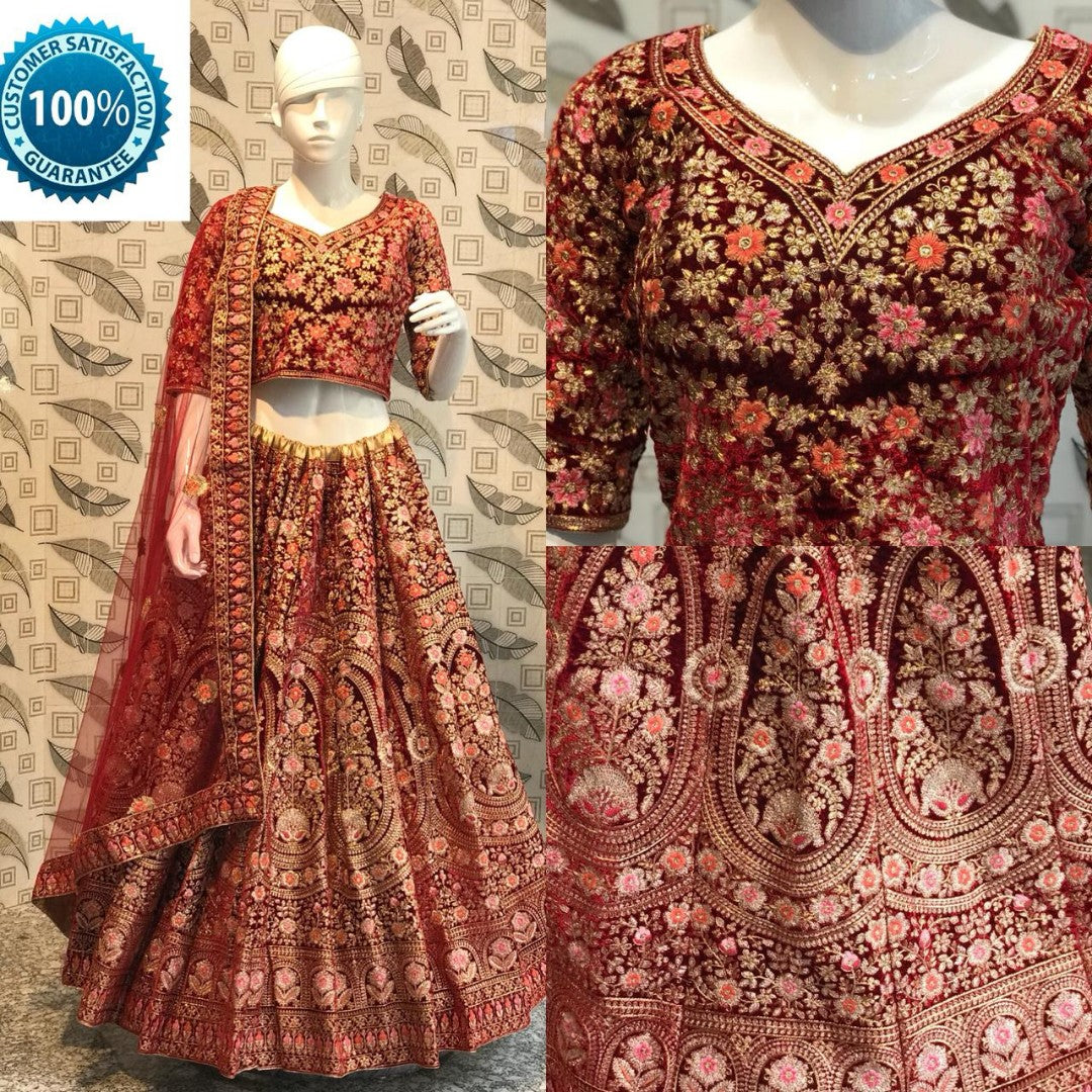 Maroon indian velvet heavy embroidered bridal lehenga