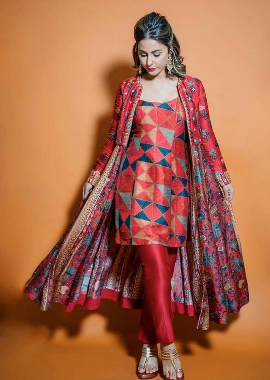 Maroon italian silk printed indowestern suit with koti