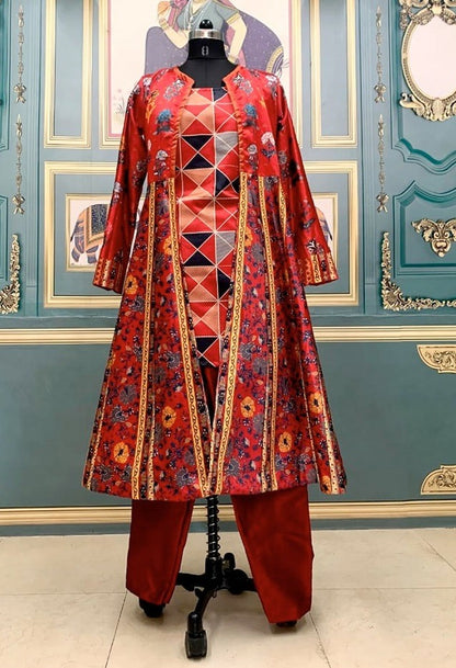 Maroon italian silk printed indowestern suit with koti