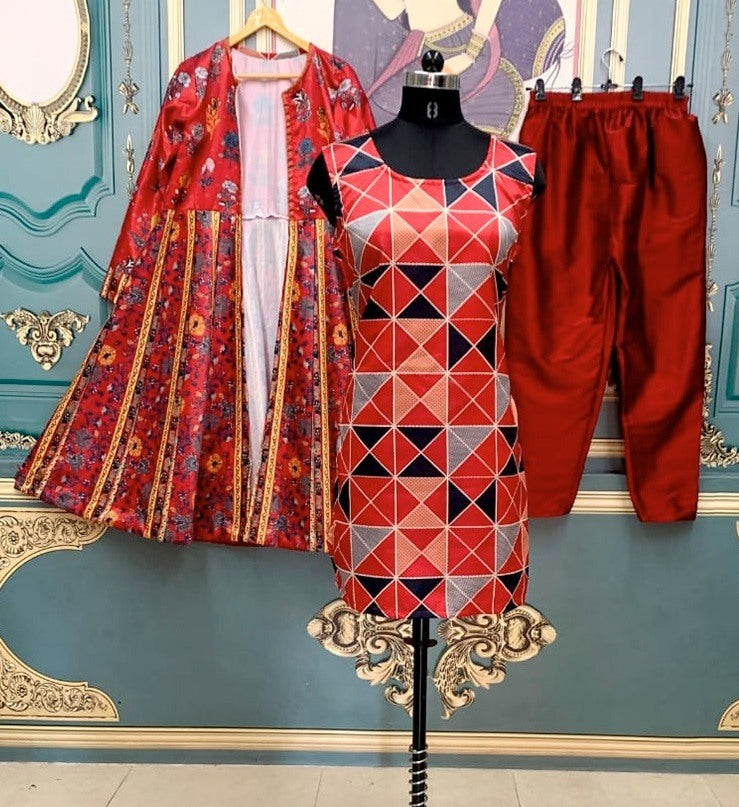 Maroon italian silk printed indowestern suit with koti