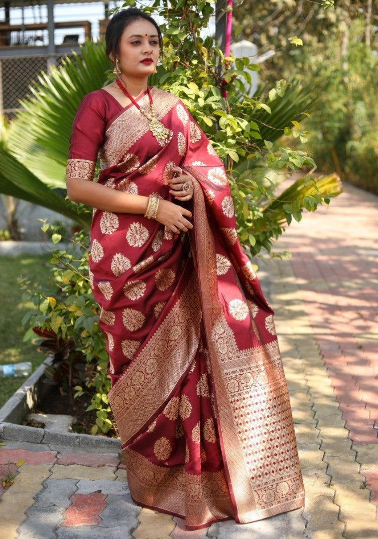 Maroon jacquard woven silk saree