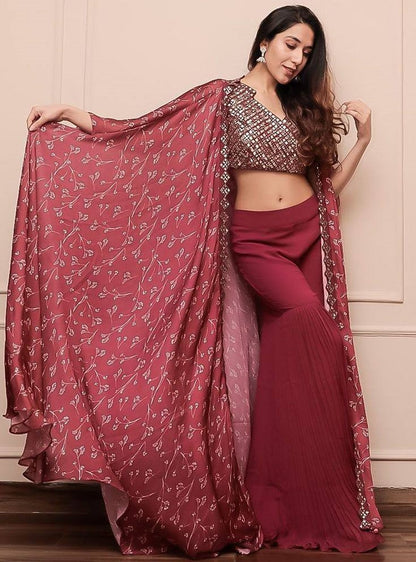Maroon japan satin silk indowestern sharara with printed shrug