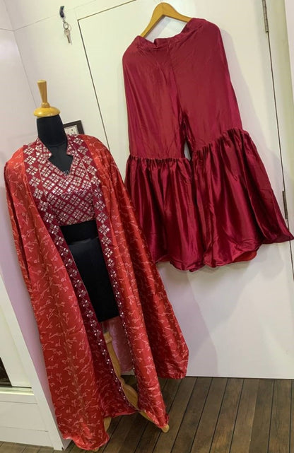 Maroon japan satin silk indowestern sharara with printed shrug