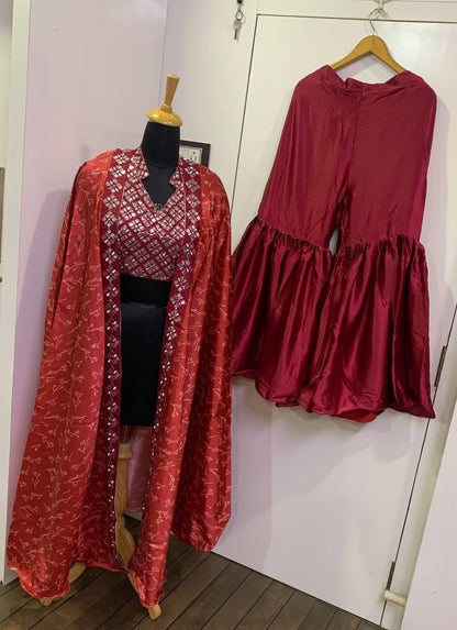 Maroon japan satin silk indowestern sharara with printed shrug
