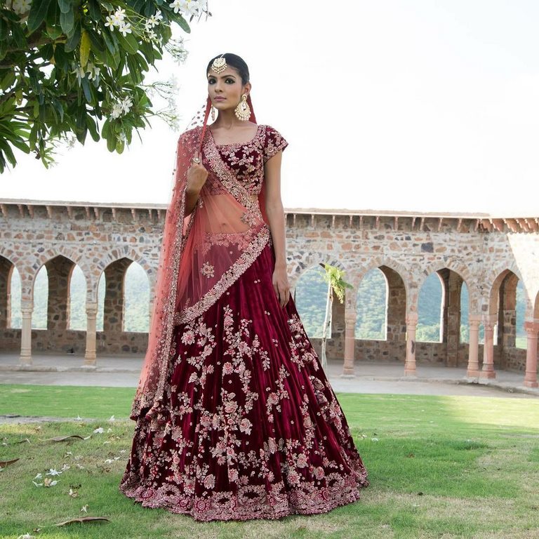 Maroon Kalidaar Silk Velvet Bridal Lehenga Choli Dupatta Set