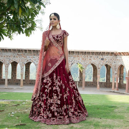 Maroon Kalidaar Silk Velvet Bridal Lehenga Choli Dupatta Set