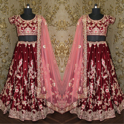 Maroon Kalidaar Silk Velvet Bridal Lehenga Choli Dupatta Set