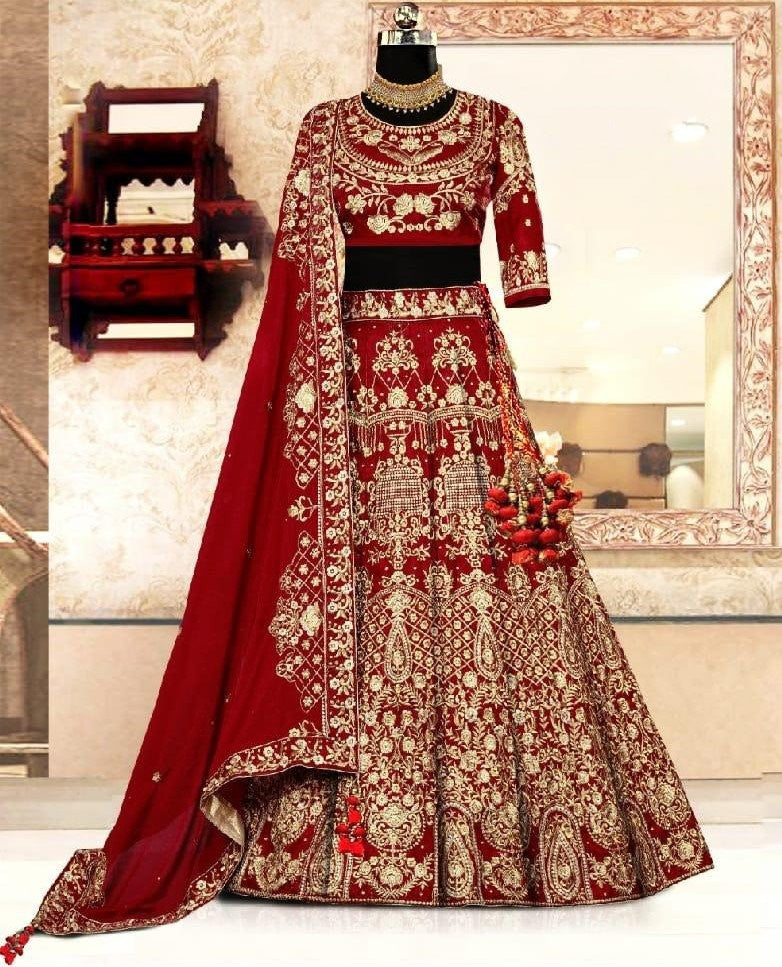 maroon kerela satin heavy embroidered designer wedding bridal lehenga