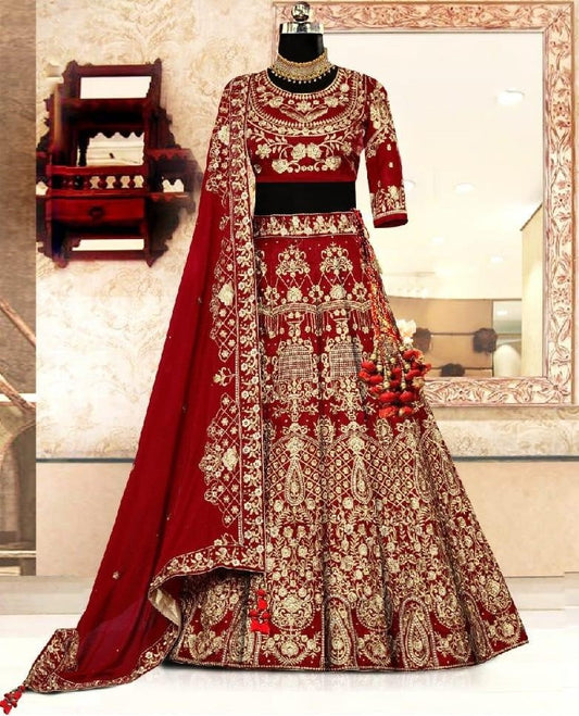 maroon kerela satin heavy embroidered designer wedding bridal lehenga